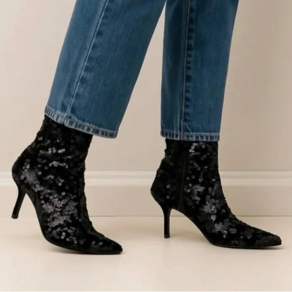 ZARA Black Sequin and Velvet Sock Ankle Boot Women Size EU 39